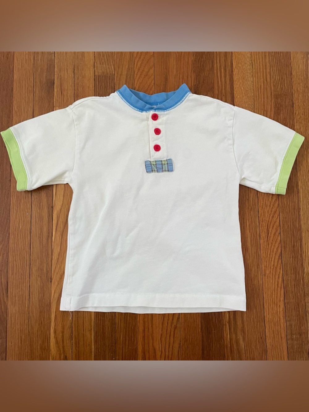 Vintage Gymboree Rainbow Tag Tee with Blue Collar, Lime Cuffs and Volcano Patch